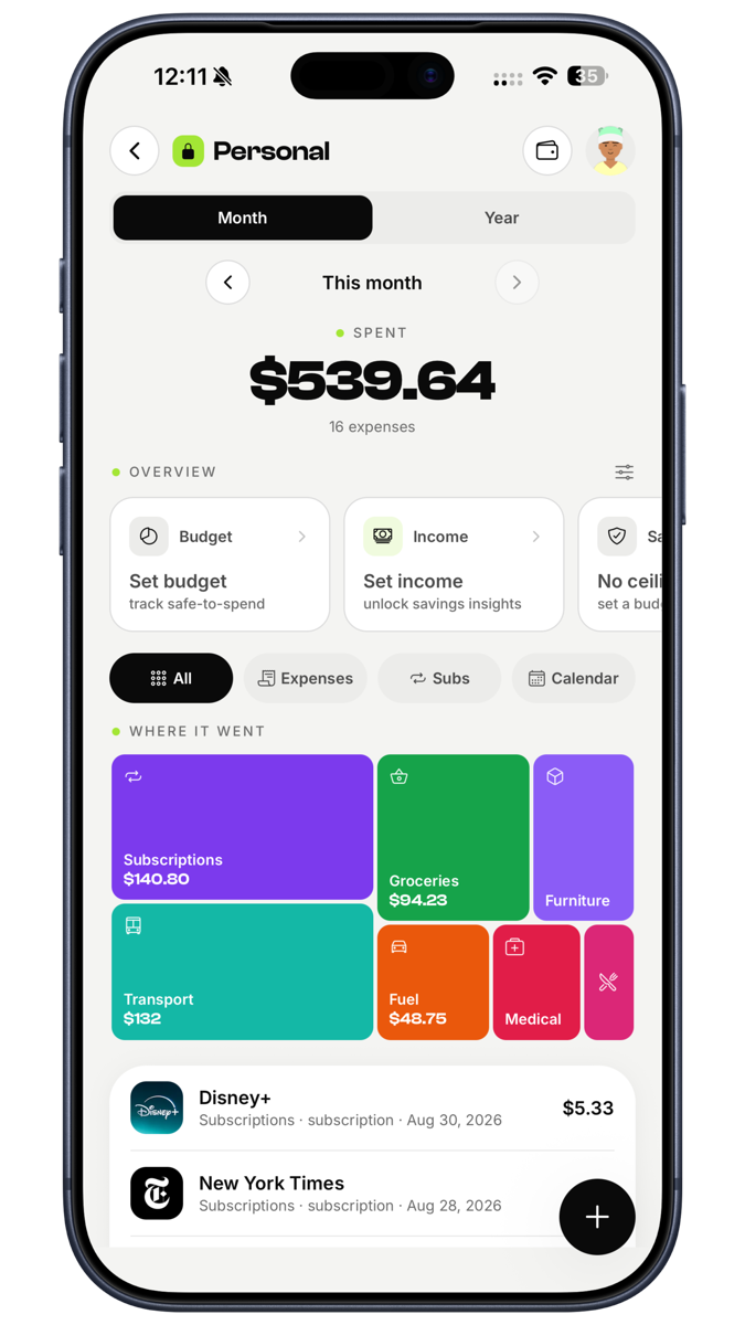 EconoGlance Personal Space showing private individual spending
