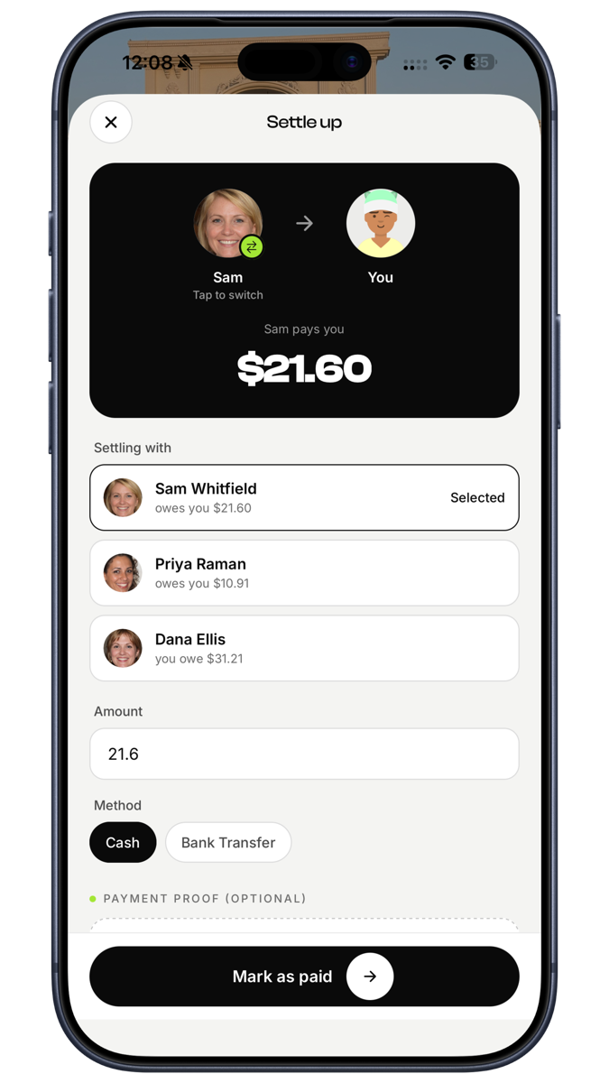 EconoGlance settle-up screen simplifying debts into a few transfers