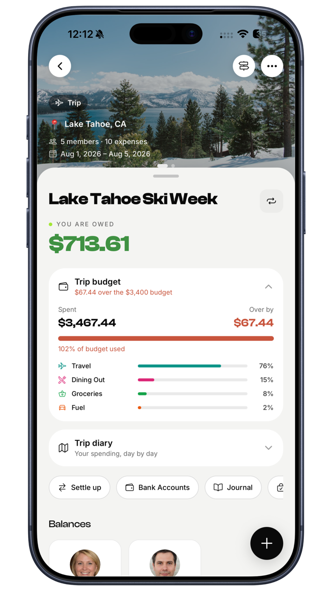 EconoGlance live trip budget tracker showing spend against the set budget
