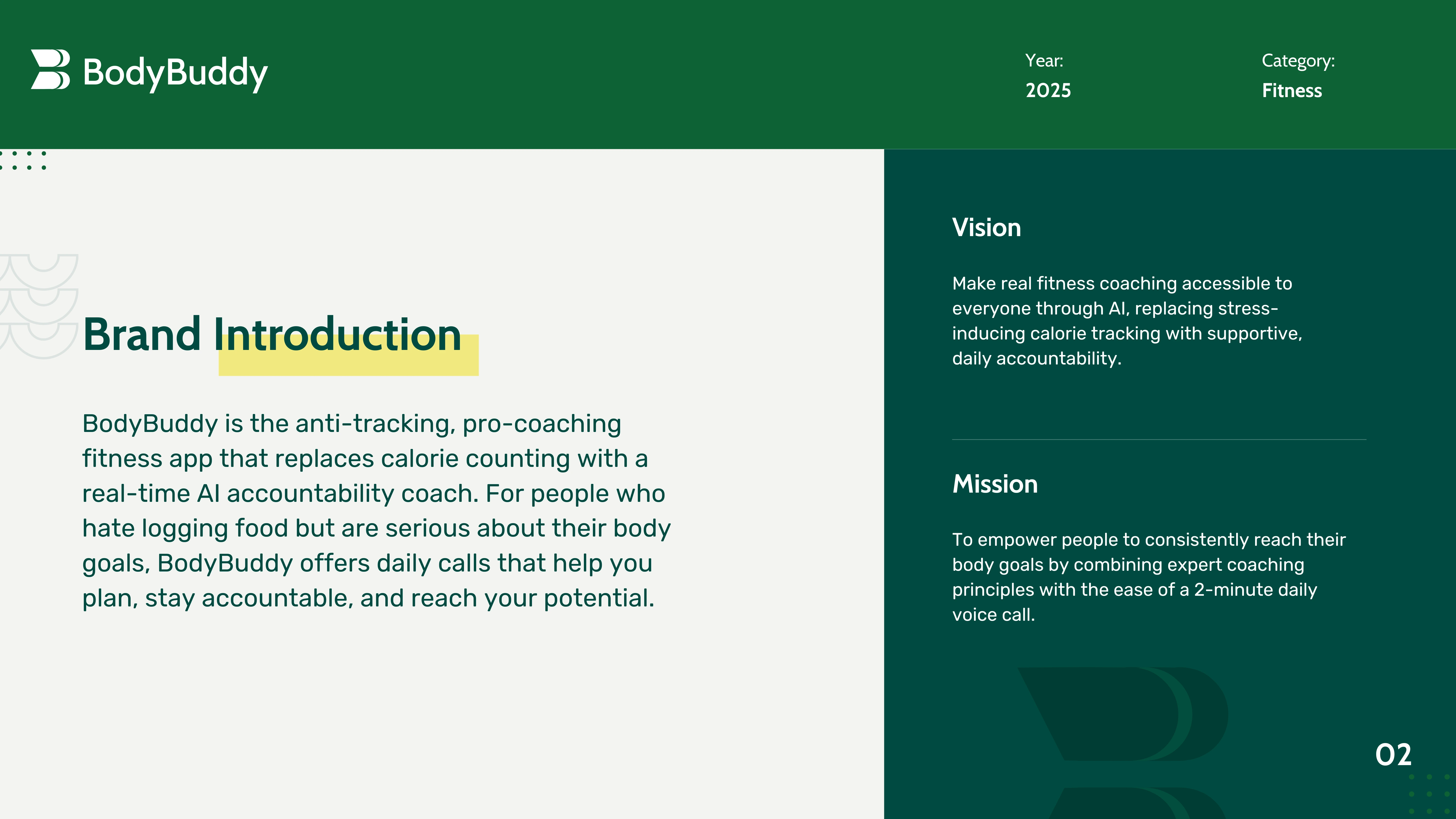 BodyBuddy brand introduction slide with the vision and mission